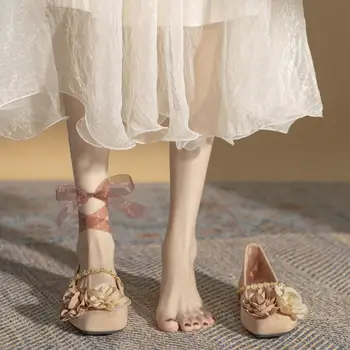 Virág négyzet alakú lábujj Mary Jane lapos cipő nők Új tavaszi divat sekély fém dekoráció Lány cipő velúr felület balett lapos