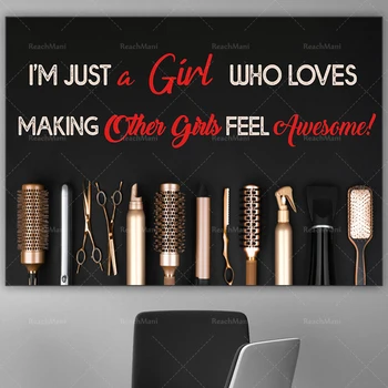 Én csak egy lány poszter vagyok, aki szereti, ha más lányok jól érzik magukat, fodrászat nyomatok szalondekoráció tipográfiai plakátok, fodr