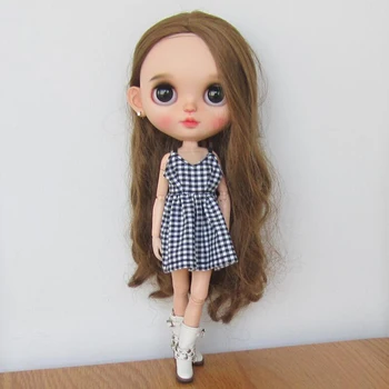 Új kézzel készített Blyth ruhák felfüggesztő mini ruha divat ujjatlan kockás szoknya Barbie Blythe OB24 1/6 baba kiegészítők